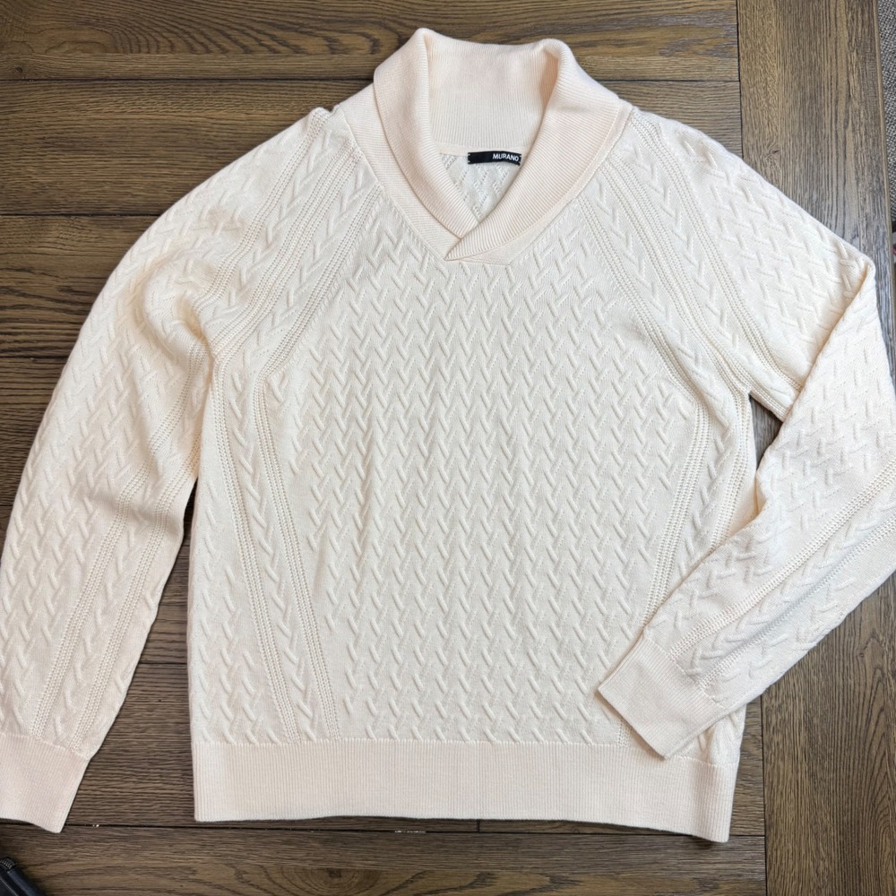 Murano Men's Cream‎ Cable Knit Shawl Collar V-Neck Sweater